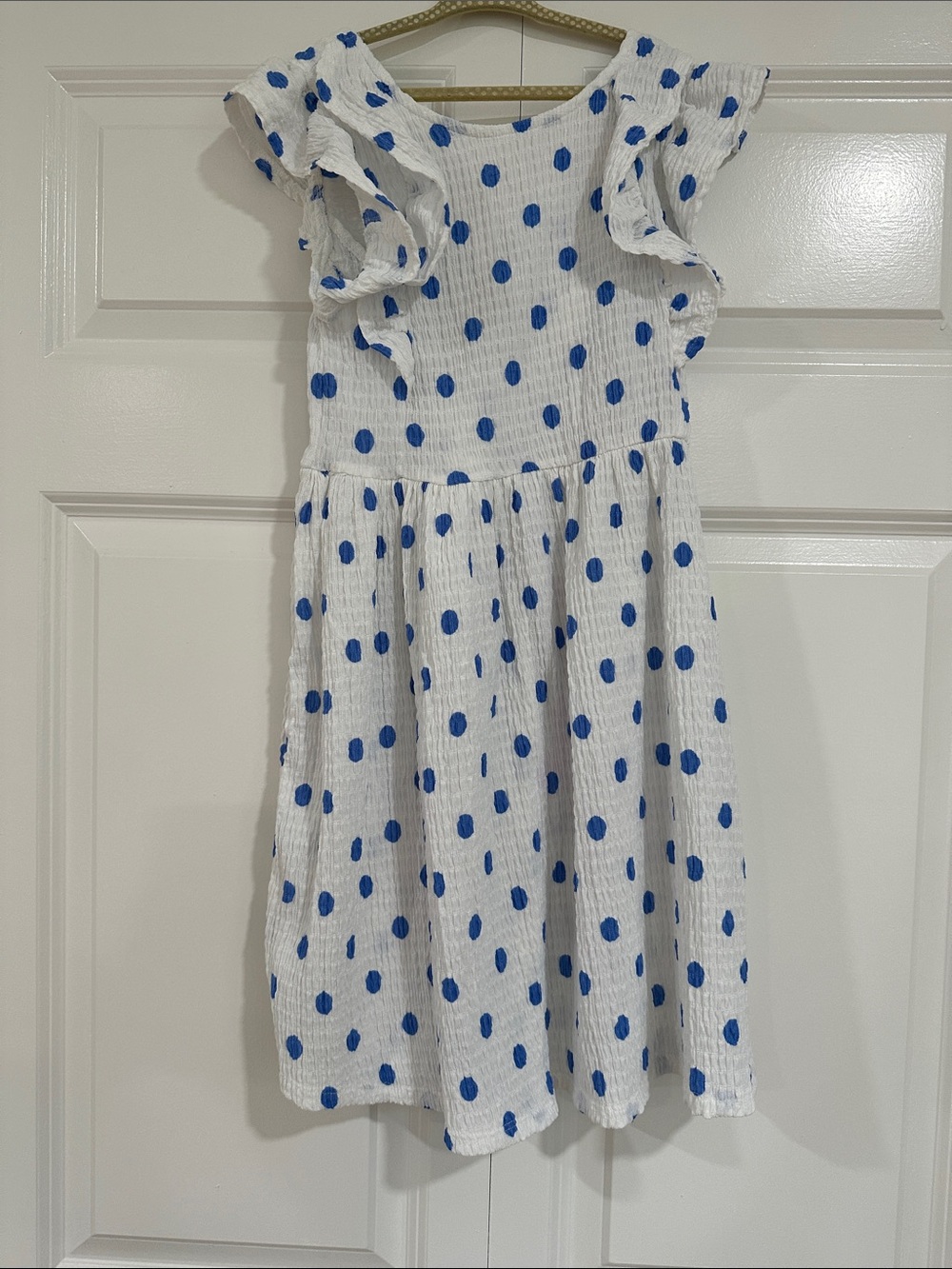 Zara White Dress with Blue Polka Dots and Ruffle Sleeves